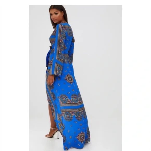 Pretty Little Thing Cobalt Print Satin Kimono Maxi Dress - Picture 3 of 6